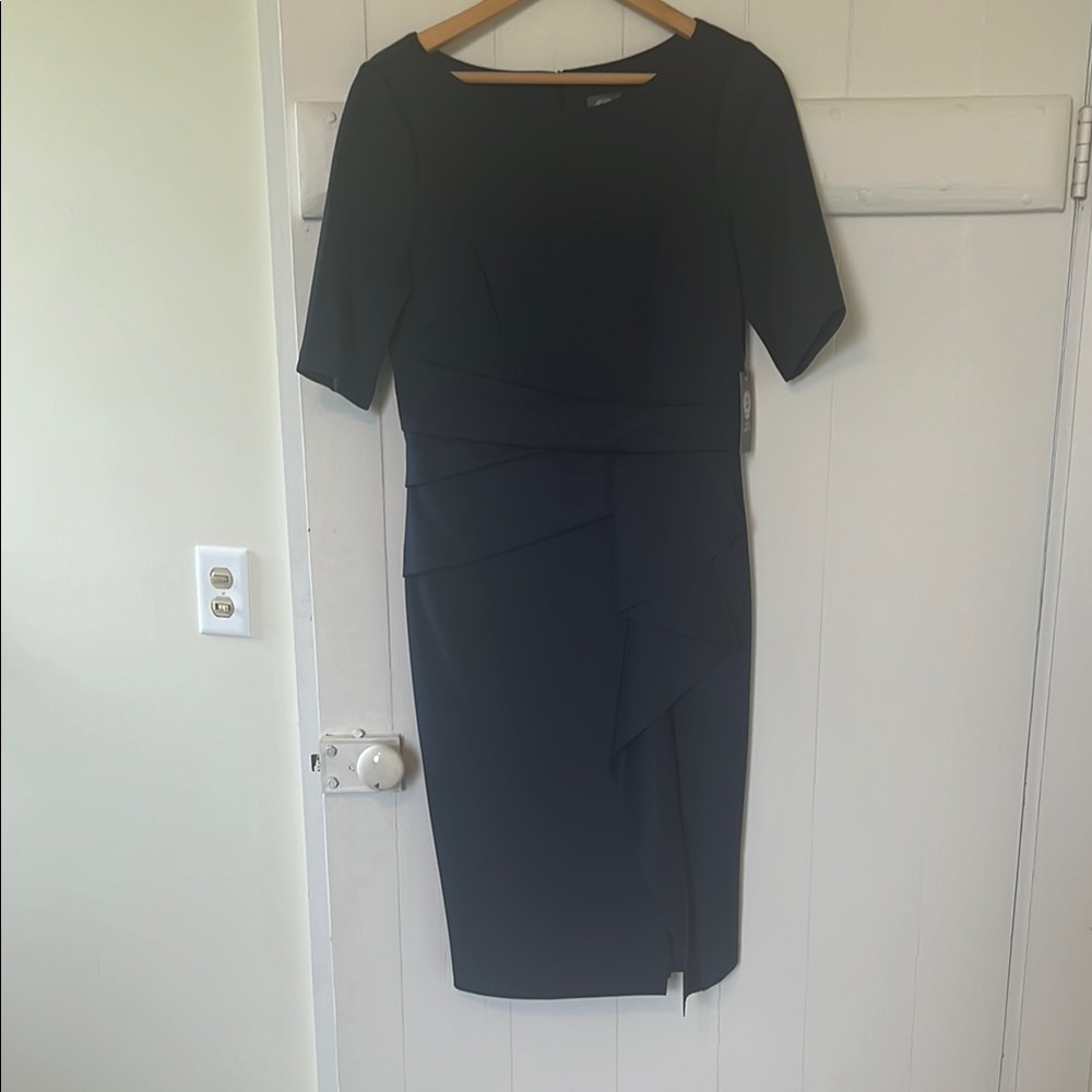 Vince Camuto Navy Sheath Midi Dress Bateau Neckline